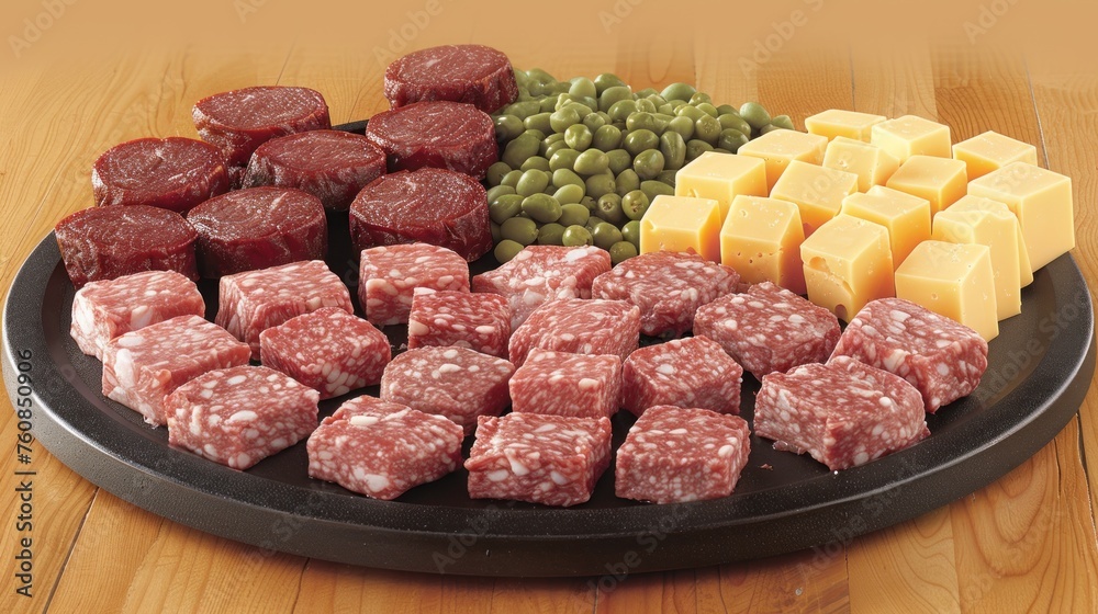 a platter of meats, cheeses, peas, and meat cubes on a plate on a wooden table.