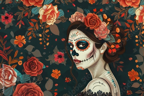 A woman with a skeleton face and flowers on her head. The flowers are red and orange. The background is a blue and green floral pattern