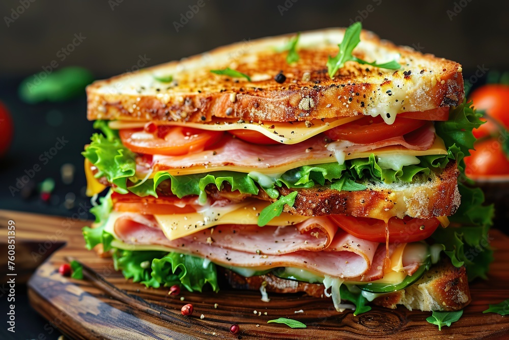 Toast sandwich with cheese, turkey ham, tomato and fresh lettuce on wooden background Toast sandwich with cheese, turkey ham, tomato and fresh lettuce on wooden background
