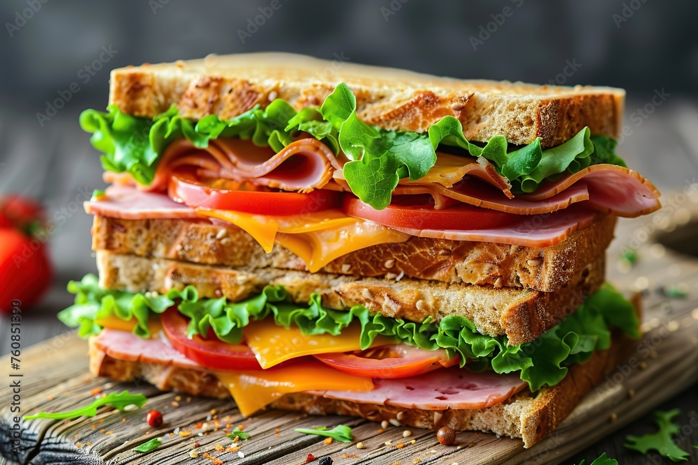 Toast sandwich with cheese, turkey ham, tomato and fresh lettuce on wooden background Toast sandwich with cheese, turkey ham, tomato and fresh lettuce on wooden background
