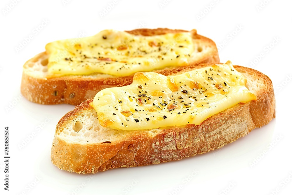 Toast bread with melted mozzarella cheese on white background