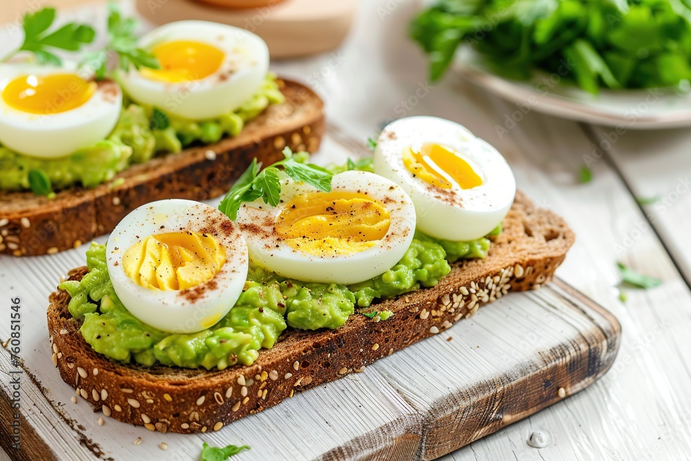 Toast rye bread with avocado puree and hard boiled eggs on wooden table