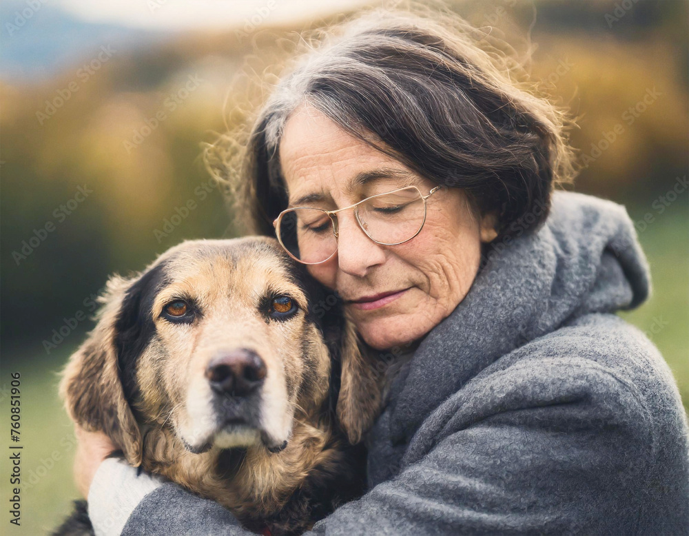 Distressed dog owner hugging her dog. Distressed dog owner hugging her dog.