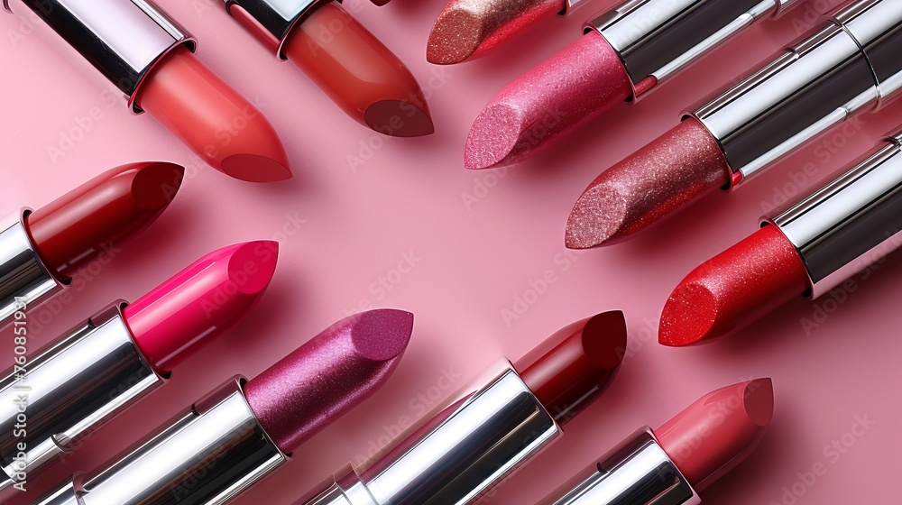 Obraz premium red lipstick and its shades. Concept: spring and summer makeup trends, cosmetic beauty and personal care.