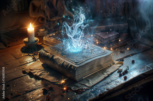 An open magic book on a desk with a glowing magical spell on top of it.