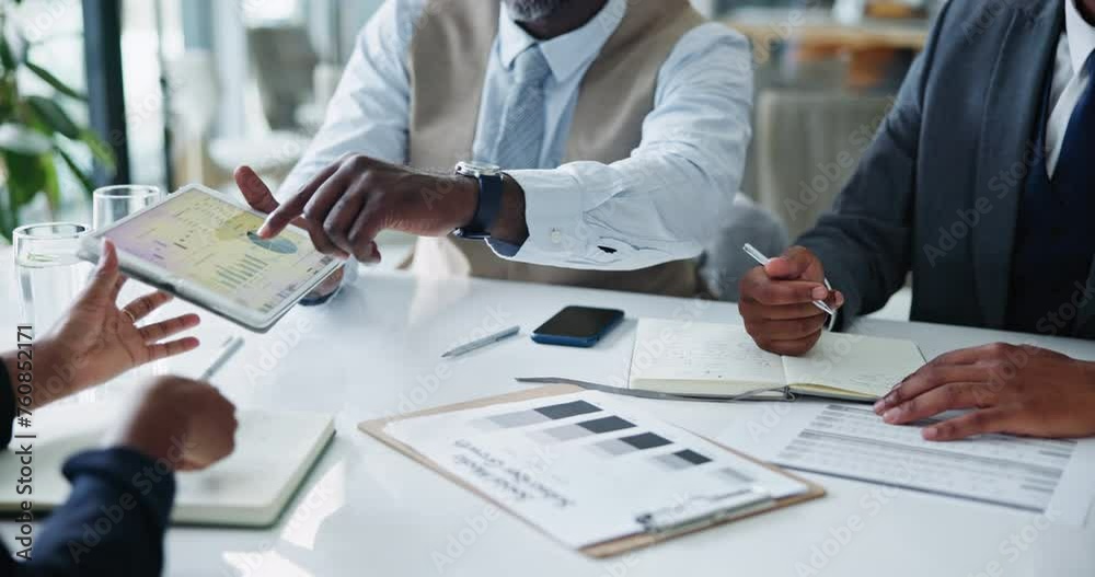 Business people, tablet and charts in office for company review, feedback and teamwork with statistics. Employees, documents and technology with graphs for information, analytics and collaboration