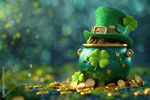 St. Patrick's day design concept with green pot full of gold coins and leprechaun hat