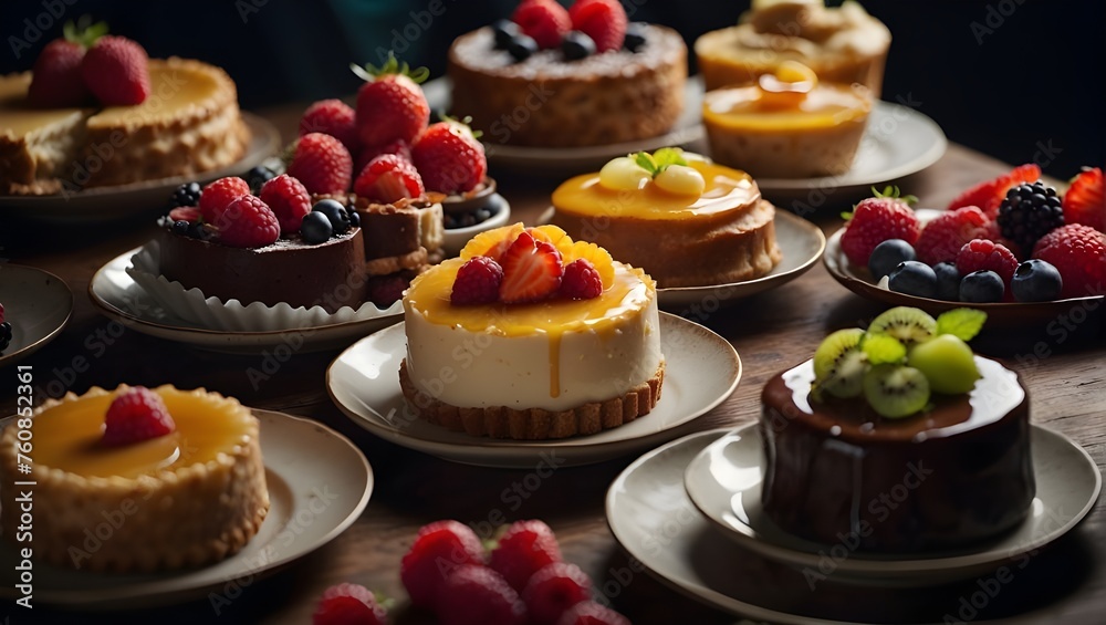 The image displays an array of delectable desserts, including cheesecakes and tarts, garnished with vibrant, fresh fruits on a dark background

