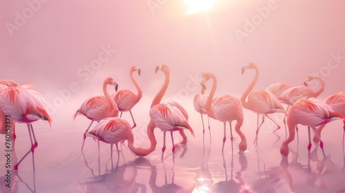 Graceful Flamingo Colony in Pink Lake During Sunset AI Generated.