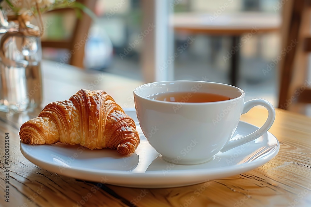 Cup of coffee and croissant on table in cafe with sunlights Cup of coffee and croissant on table in cafe with sunlights