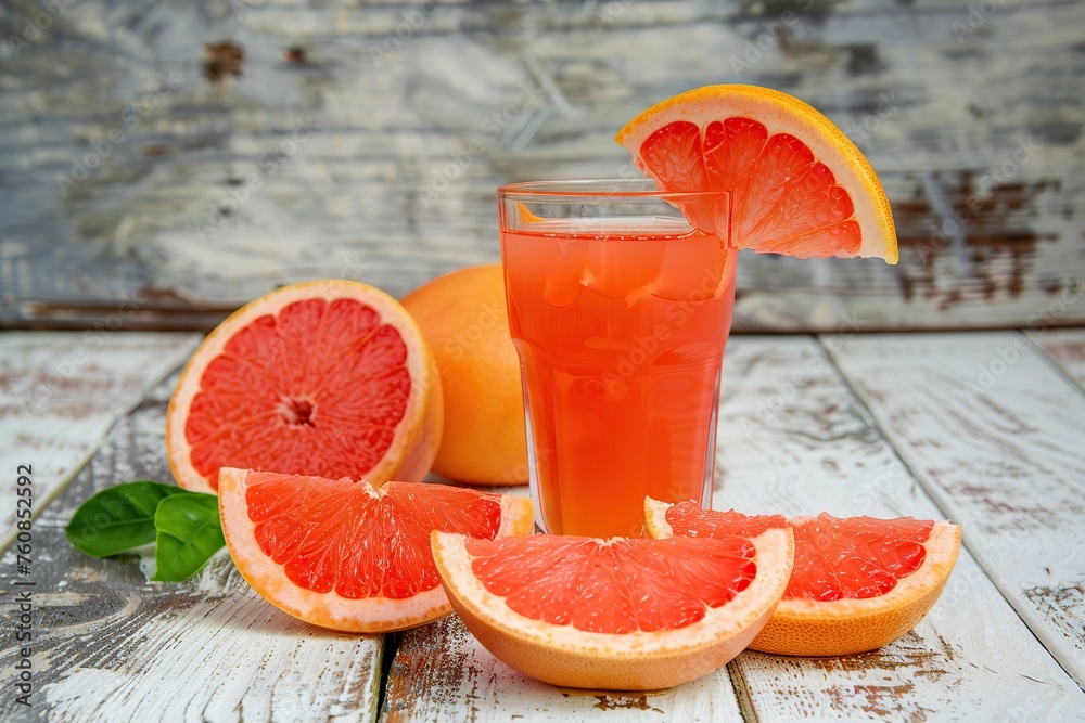 Glass of grapefruit juice with fresh fruit on wooden background Glass of grapefruit juice with fresh fruit on wooden background