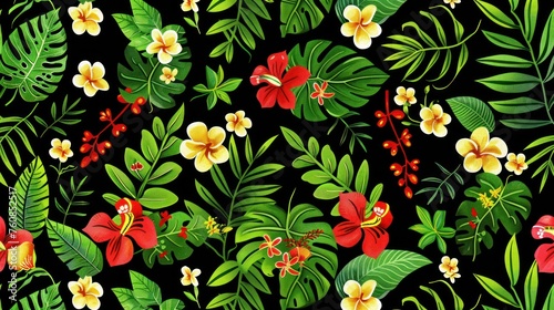 a black background with red, yellow and white flowers and green leaves on a black background with red, yellow and white flowers and green leaves on a black background.