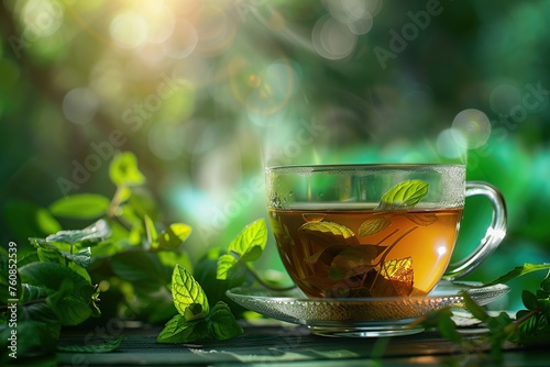 Glass cup of aromatic tea with green mint leafs and steam on blurred green background