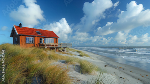 A house on its own near a body of water, a house on the beach