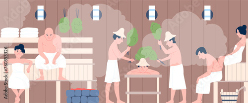 Man in sauna. People relaxing in steam room or finnish bathhouse. Wellness spa unisex procedures in hot temperature. Detox body recent vector scene