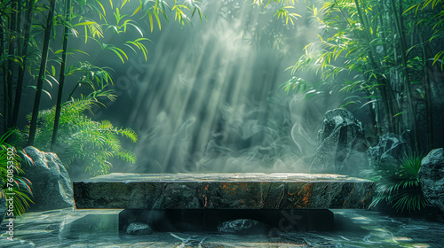 Empty product podium of jade-green rectangular polished stone in Zen style against background of misty mystical bamboo forest. For advertising. Slanting rays of light through fog. Close-up. Copy space