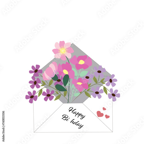 Felicitación de cumpleaños con flores en un sobre.