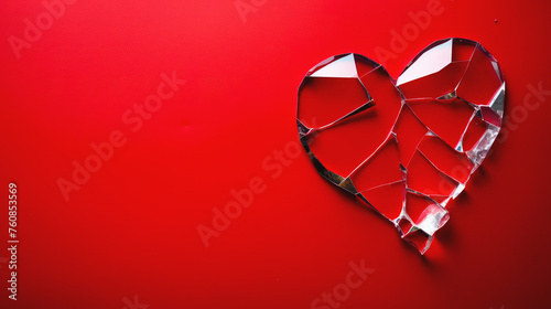 Red glass broken heart. Shiny heart with cracks made of bright red glass isolated on a red background. Relationship issues concept, Valentine's Day theme.