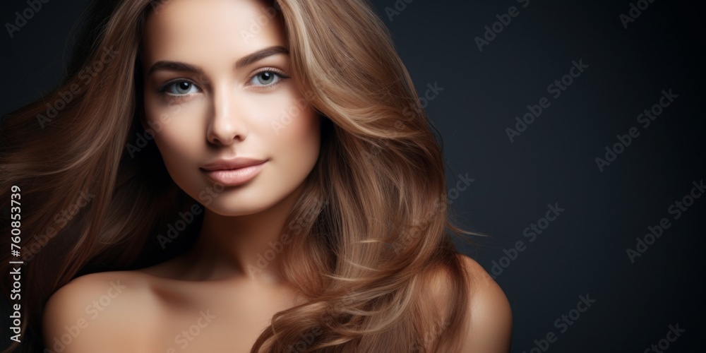 Beautiful laughing model girl with long curly hair. Studio shot. Beauty saloon. Selective focus. Generative AI. Beautiful laughing model girl with long curly hair. Studio shot. Beauty saloon. Selective focus. Generative AI.