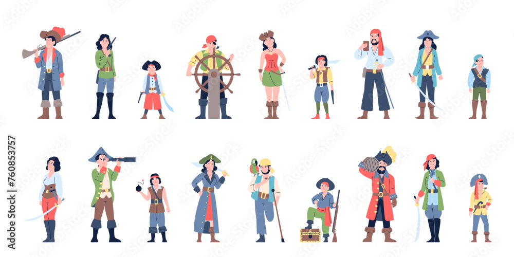 Male and female pirates. Corsair and ship team, children and adults in theater or performance costumes. Marine adventures, tales recent vector characters