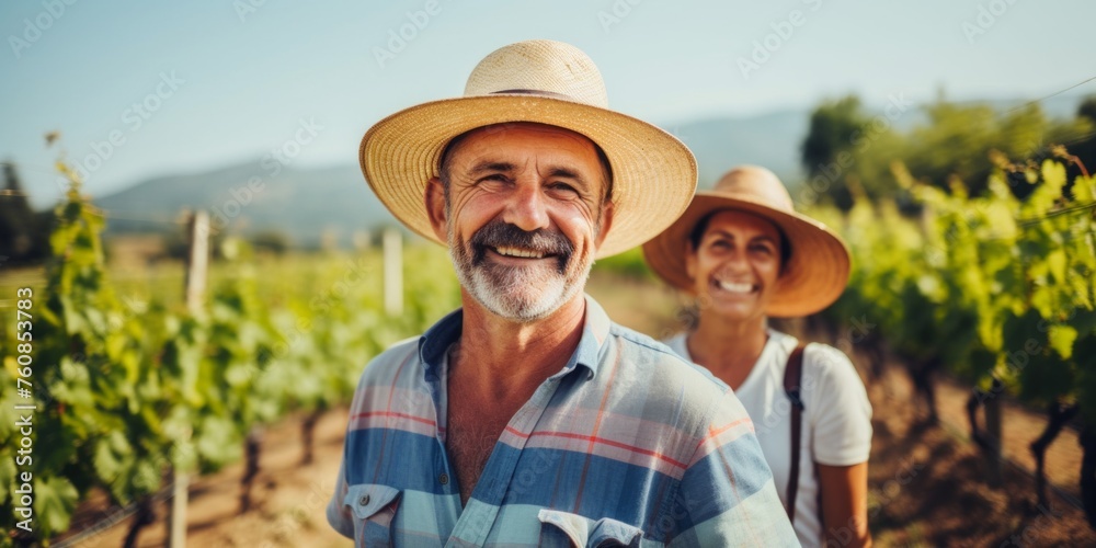 Fototapeta premium Senior farmers in straw hat working in vineyard. Posing. Generative AI.