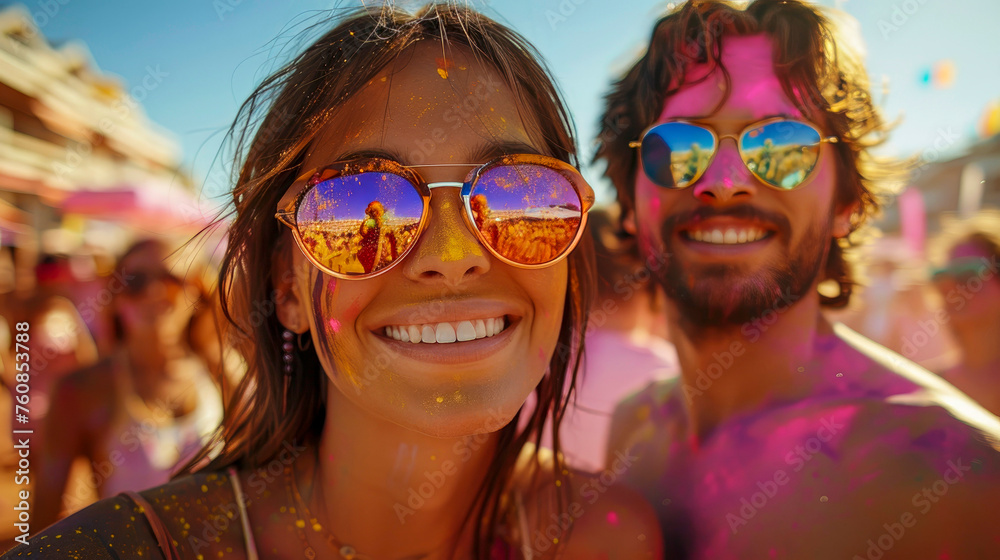 Happy and beautiful young couple in sunglasses is having fun and posing in crowd at Holi Paint Festival. Around her people, also covered in bright colors, are creating festive and energetic atmosphere Happy and beautiful young couple in sunglasses is having fun and posing in crowd at Holi Paint Festival. Around her people, also covered in bright colors, are creating festive and energetic atmosphere