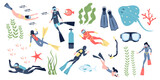 Diving elements for professional scuba divers and vacations. People swimming underwater with fish, sea ocean explorer, recent marine collection