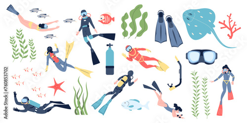 Diving elements for professional scuba divers and vacations. People swimming underwater with fish, sea ocean explorer, recent marine collection photo