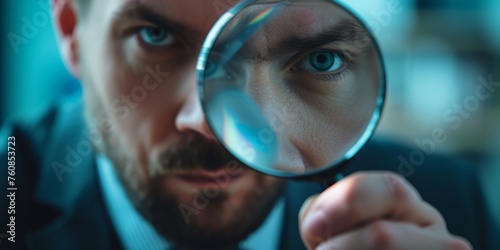Businessman looking through a magnifying glass, searching, monitoring the situation, Generative AI.