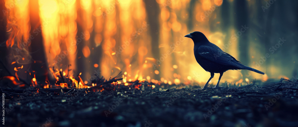 Fototapeta premium a black bird standing on the ground in front of a forest filled with yellow and orange fire blazing in the background.