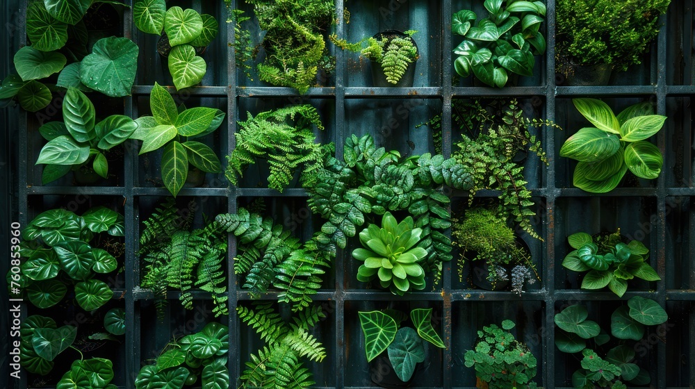 Industrial Oasis - A fusion of raw metal and lush greenery in a vertical garden with a tranquil waterfall, embodying an urban jungle retreat Industrial Oasis - A fusion of raw metal and lush greenery in a vertical garden with a tranquil waterfall, embodying an urban jungle retreat