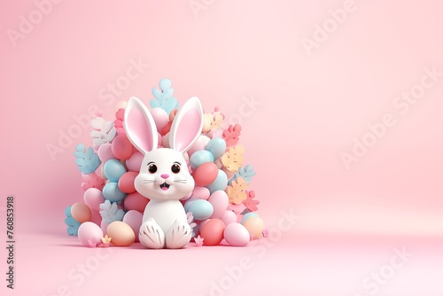 3d Cute bunny rabbit with Easter eggs on pink background with empty place for text. Happy Easter concept or banner.