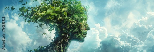 Profile of a woman with greenery features - An artistic portrayal of a woman s profile merging with elements of nature  symbolizing the deep connection between humans and the natural world