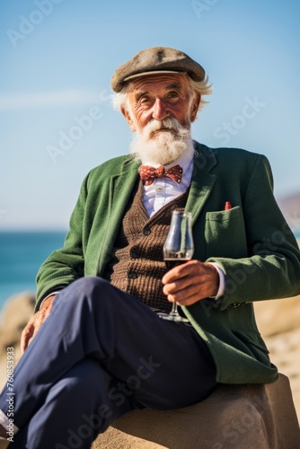 A stylish seignon man with a glass of wine sits on a chair on the sandy shore. Generative AI.