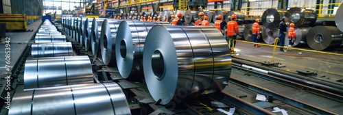 Rolled steel coils in an industrial warehouse - High-quality steel rolls stored in a large warehouse, showcasing the mass production of this strong alloy