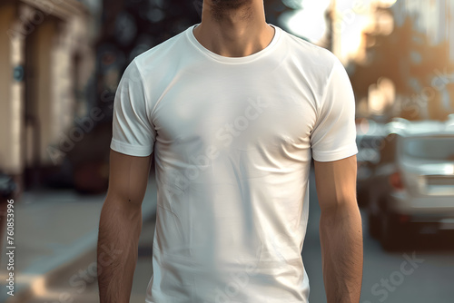 Young man in white tshirt standing in the city street