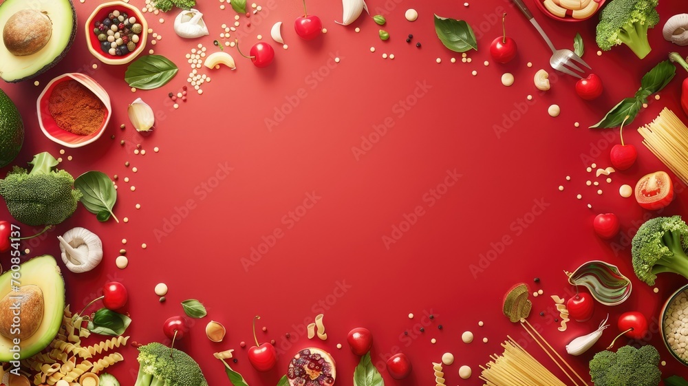 Stylish food arrangement with diverse vegetables - A well-composed arrangement of diverse vegetables artistically displayed on a red background Stylish food arrangement with diverse vegetables - A well-composed arrangement of diverse vegetables artistically displayed on a red background