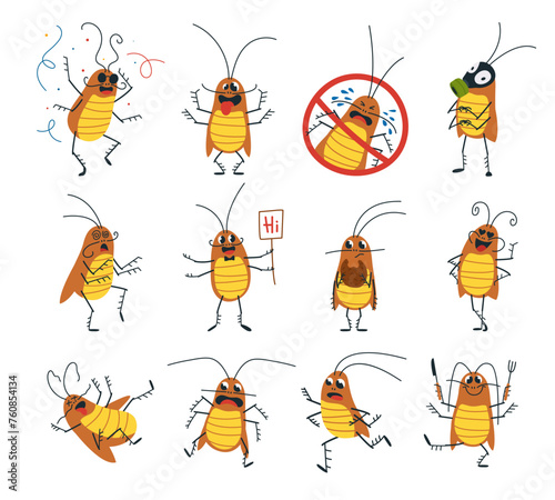 Cartoon cockroach. Crazy funny cockroaches eating, dancing and running. Scared pest bug, horrible domestic insect. Isolated classy vector character