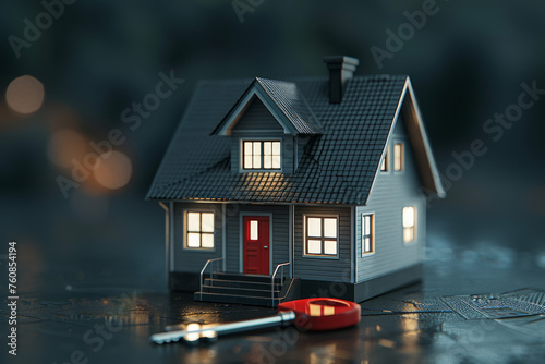 Image featuring a miniature 3D house model with keys, representing the real estate market. Perfect for property listings, home buying guides, or mortgage brochures.