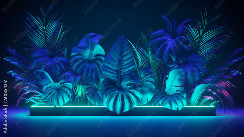 Green and Blue Neon Light with Tropical Leaves 