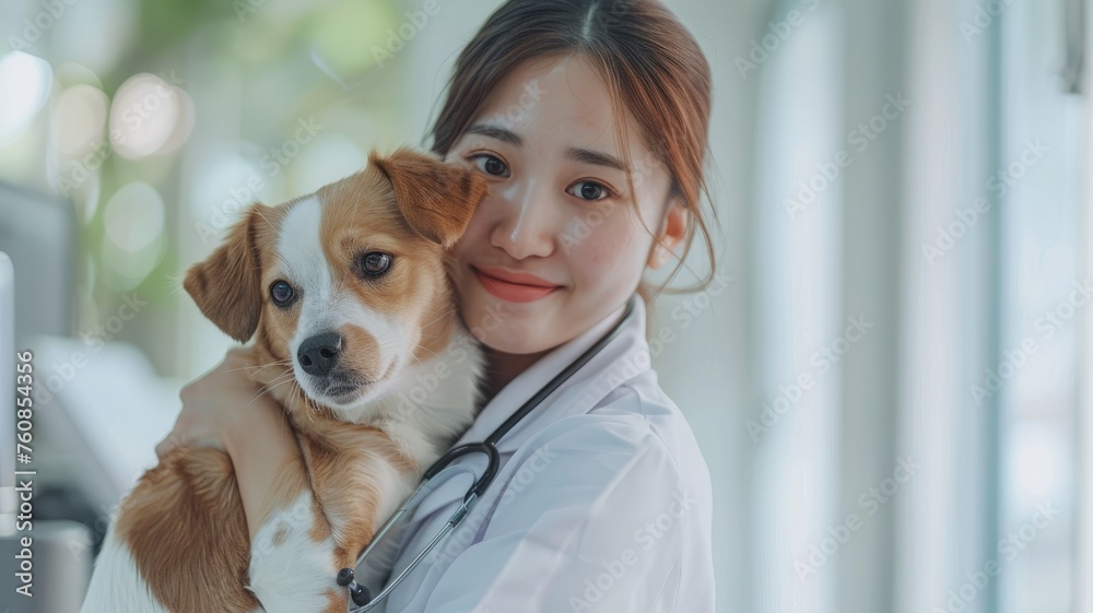 Veterinarian with dog in a medical setting - A smiling female veterinarian holds a cute dog in a clinic environment, showcasing compassion Veterinarian with dog in a medical setting - A smiling female veterinarian holds a cute dog in a clinic environment, showcasing compassion