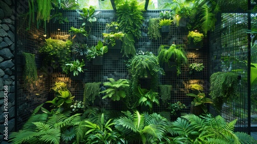 Industrial Oasis - A fusion of raw metal and lush greenery in a vertical garden with a tranquil waterfall  embodying an urban jungle retreat