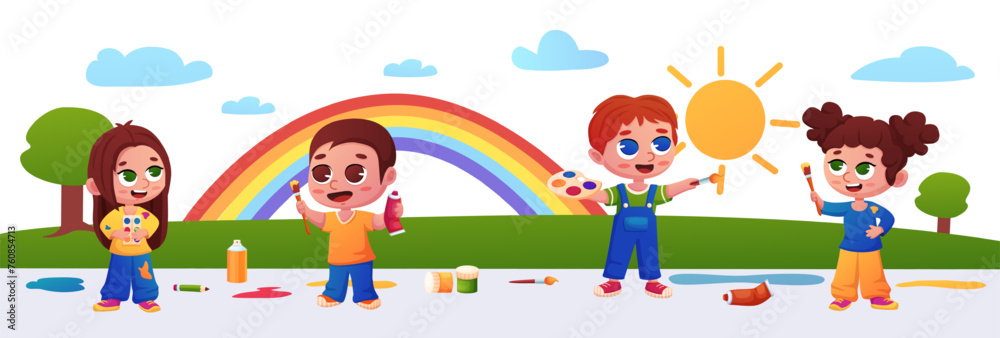 Kids painting on wall. Kindergarten children drawing cute pictures. Art lesson for toddlers. Little kid draw with paints, nowaday vector scene Kids painting on wall. Kindergarten children drawing cute pictures. Art lesson for toddlers. Little kid draw with paints, nowaday vector scene