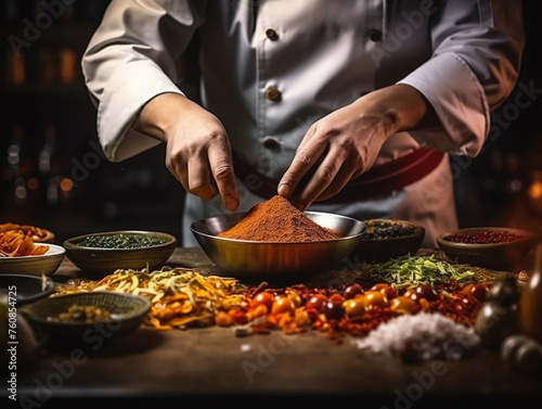 Hands professional cook in uniform add some spices to dish, decorating delicious meal for guests in restaurant 