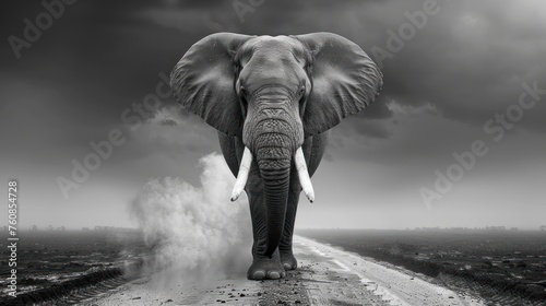 a black and white photo of an elephant walking down a road with smoke coming out of the back of it.
