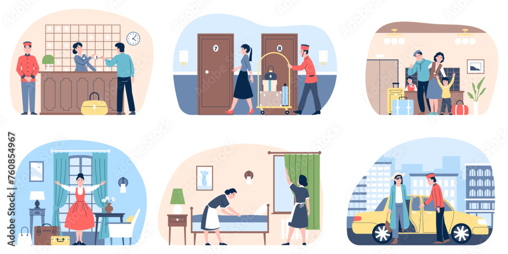Hotel guests scenes. Travelers and hostel or residence staff. Reception and cleaning service, porter with luggage and transfer. Recent vector concept