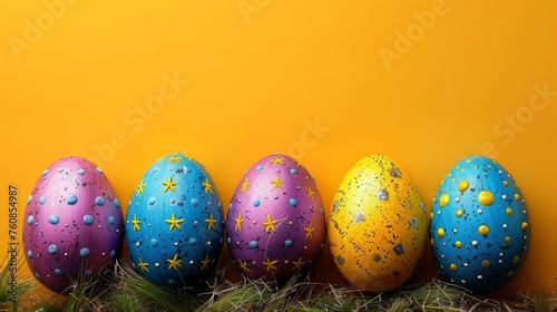 a row of painted eggs sitting next to each other on a grass covered ground in front of a yellow wall.