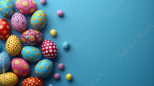 a group of brightly colored easter eggs on a blue background with polka dots and a star pattern on the top of the eggs.
