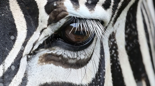 a close up of a zebra s eye with it s black and white stripes on it s face.