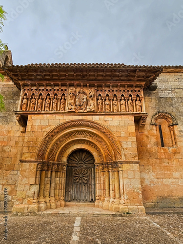 Romanesque facade of the church of San Juan Bautista in Moarves de Ojeda, province of Palencia